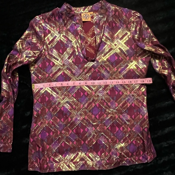Tory Burch - Pink & Metallic Gold Print Silk long sleeve Blouse - Picture 5 of 8